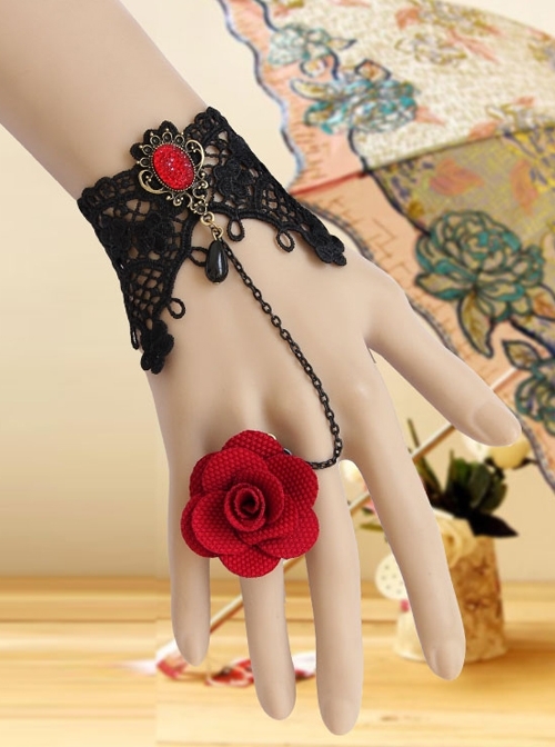 Vintage Red Rose Gothic Black Lace Pearl Band Ring Bracelet