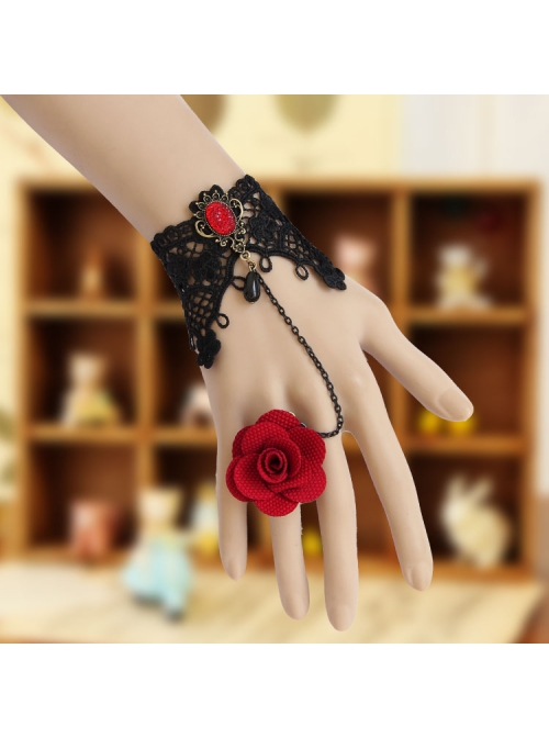 Vintage Red Rose Gothic Black Lace Pearl Band Ring Bracelet