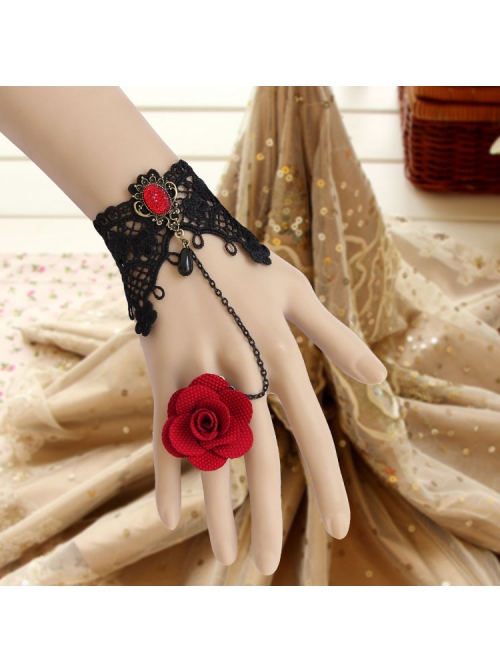 Vintage Red Rose Gothic Black Lace Pearl Band Ring Bracelet