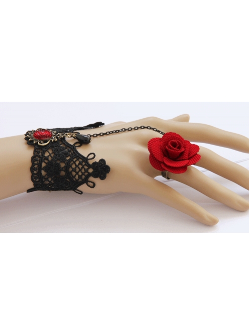 Vintage Red Rose Gothic Black Lace Pearl Band Ring Bracelet