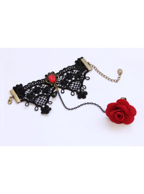 Vintage Red Rose Gothic Black Lace Pearl Band Ring Bracelet