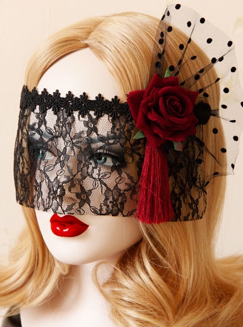 Gothic Retro Personality Tassel Ribbon Red Rose Lace Cabaret Half Face Princess Halloween Lace Veil