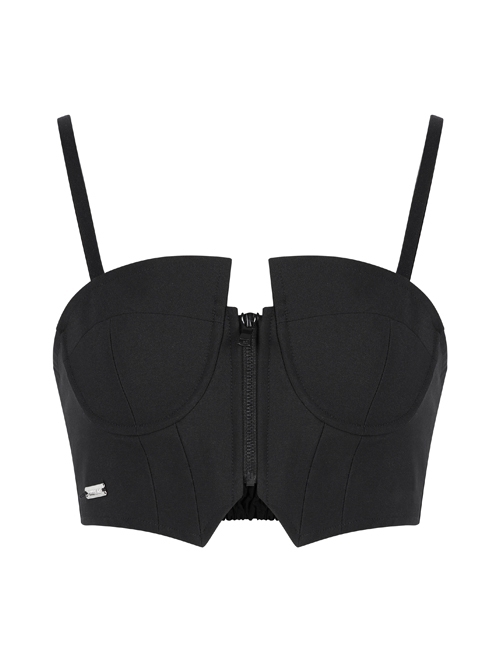 Front Zipper Elastic Shoulder Strap Black Punk Short Bra