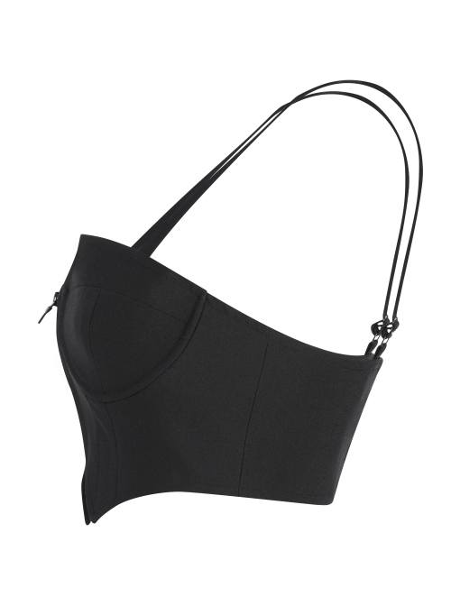 Front Zipper Elastic Shoulder Strap Black Punk Short Bra