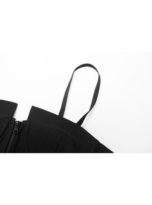 Front Zipper Elastic Shoulder Strap Black Punk Short Bra