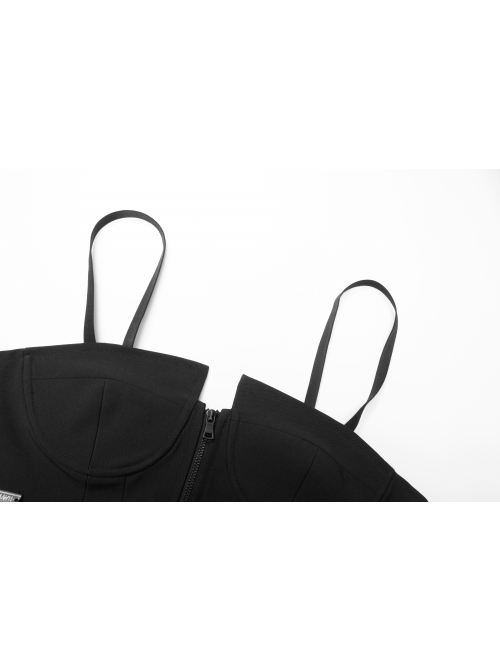 Front Zipper Elastic Shoulder Strap Black Punk Short Bra