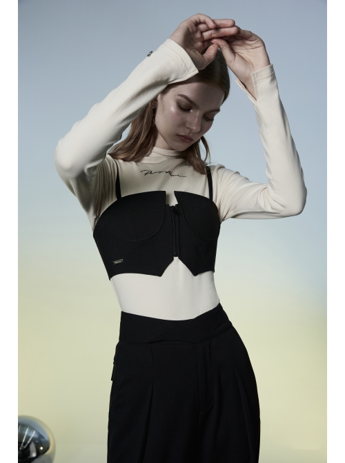 Front Zipper Elastic Shoulder Strap Black Punk Short Bra