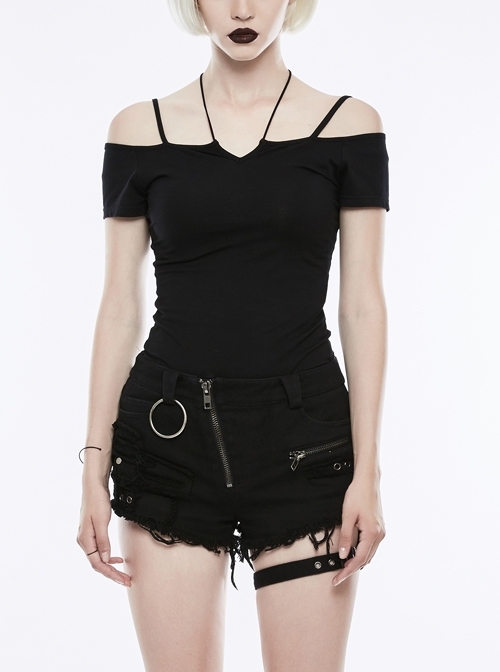 Off-Shoulder Short Sleeve Black Punk Knit Halter Slim T-Shirt