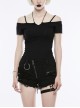 Off-Shoulder Short Sleeve Black Punk Knit Halter Slim T-Shirt