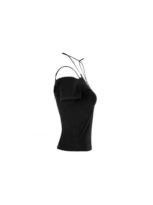 Off-Shoulder Short Sleeve Black Punk Knit Halter Slim T-Shirt