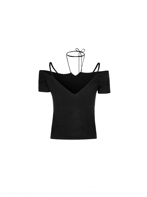 Off-Shoulder Short Sleeve Black Punk Knit Halter Slim T-Shirt