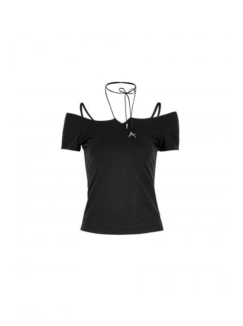 Off-Shoulder Short Sleeve Black Punk Knit Halter Slim T-Shirt