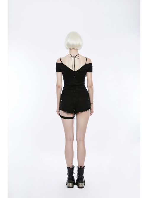 Off-Shoulder Short Sleeve Black Punk Knit Halter Slim T-Shirt