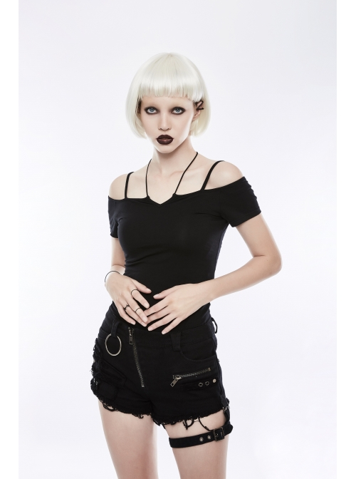 Off-Shoulder Short Sleeve Black Punk Knit Halter Slim T-Shirt