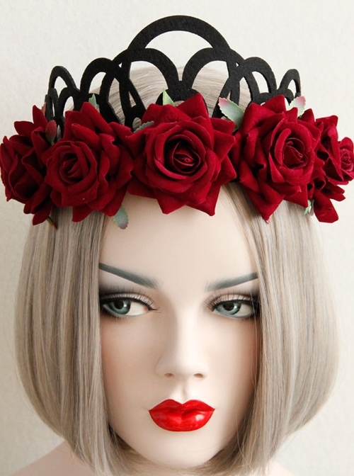 Halloween Christmas Gothic Retro Queen Red Rose Black Crown Wreath Headband
