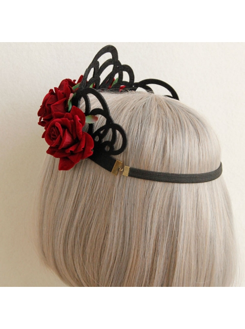 Halloween Christmas Gothic Retro Queen Red Rose Black Crown Wreath Headband