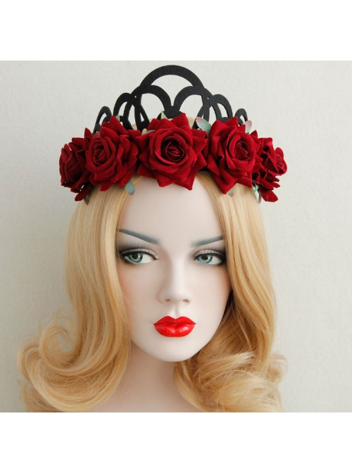 Halloween Christmas Gothic Retro Queen Red Rose Black Crown Wreath Headband