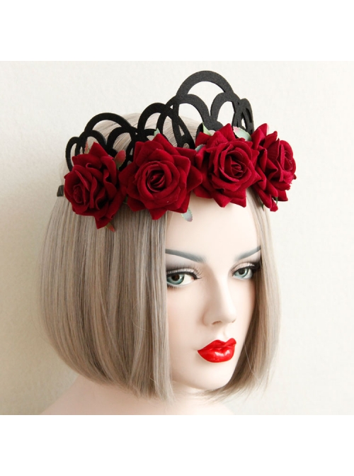 Halloween Christmas Gothic Retro Queen Red Rose Black Crown Wreath Headband