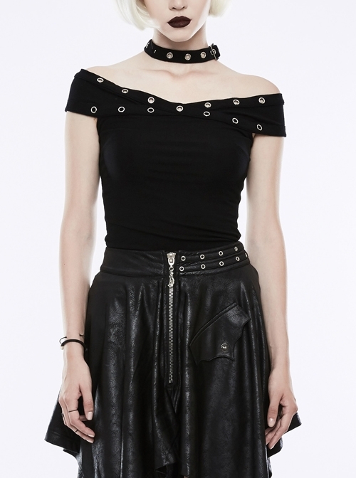 Off-Shoulder Metal Buckle Collar Black Punk Knit Slim T-Shirt