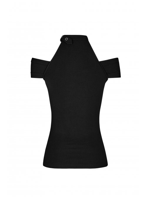 Off-Shoulder Metal Buckle Collar Black Punk Knit Slim T-Shirt
