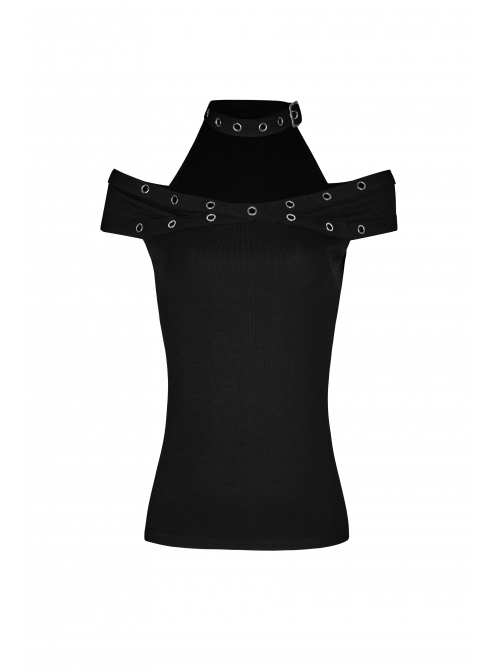 Off-Shoulder Metal Buckle Collar Black Punk Knit Slim T-Shirt