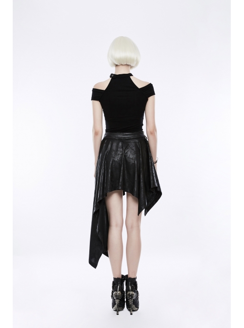 Off-Shoulder Metal Buckle Collar Black Punk Knit Slim T-Shirt