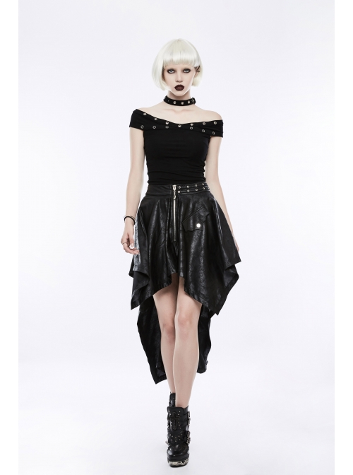 Off-Shoulder Metal Buckle Collar Black Punk Knit Slim T-Shirt