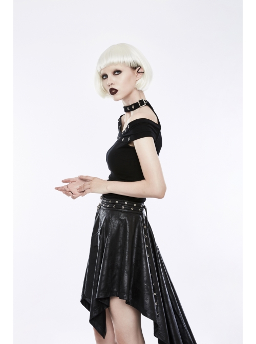 Off-Shoulder Metal Buckle Collar Black Punk Knit Slim T-Shirt