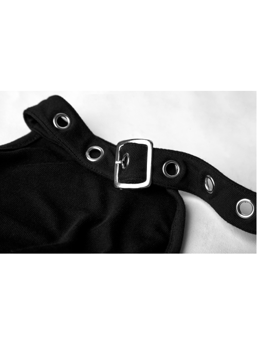 Off-Shoulder Metal Buckle Collar Black Punk Knit Slim T-Shirt