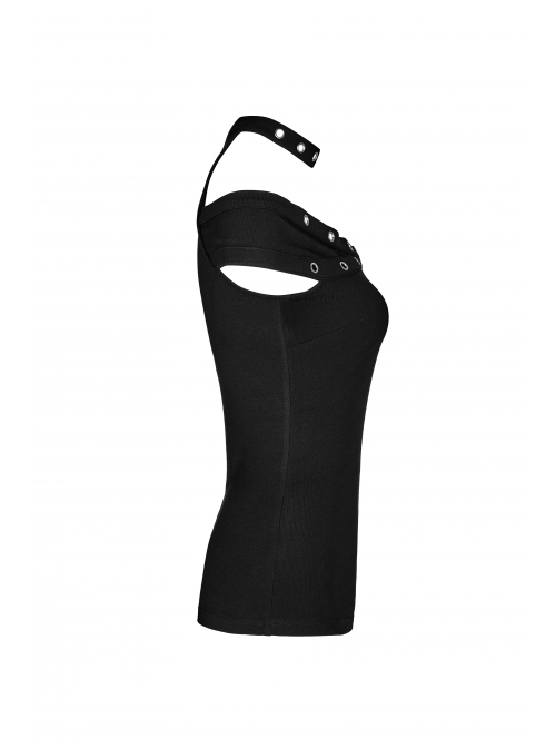 Off-Shoulder Metal Buckle Collar Black Punk Knit Slim T-Shirt