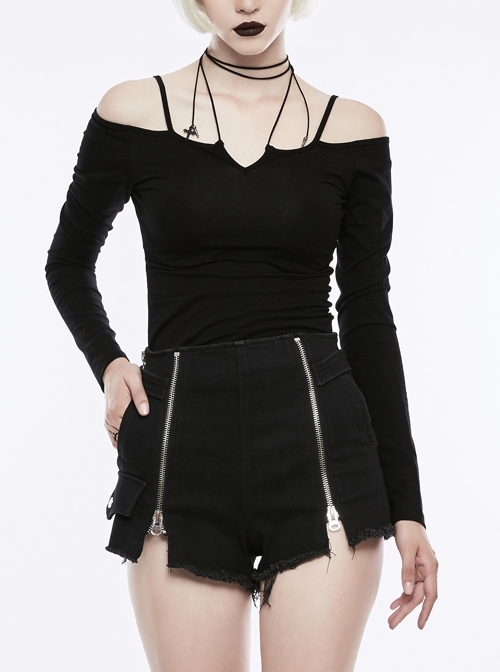 Off-Shoulder Long Sleeve White Punk Halter Knit Tight T-Shirt