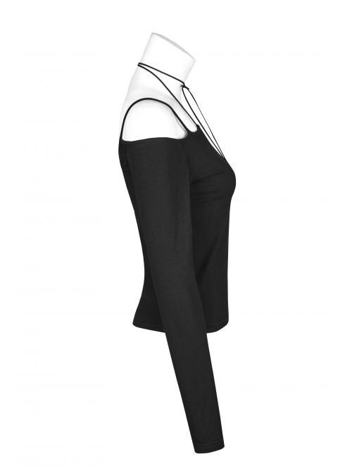 Off-Shoulder Long Sleeve White Punk Halter Knit Tight T-Shirt