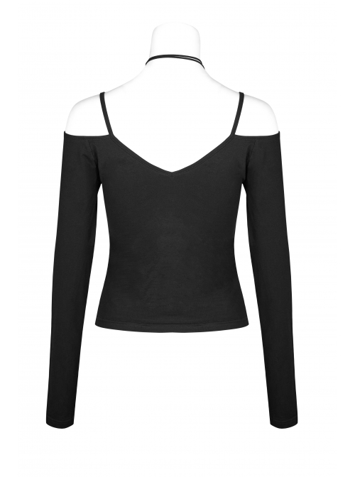 Off-Shoulder Long Sleeve White Punk Halter Knit Tight T-Shirt