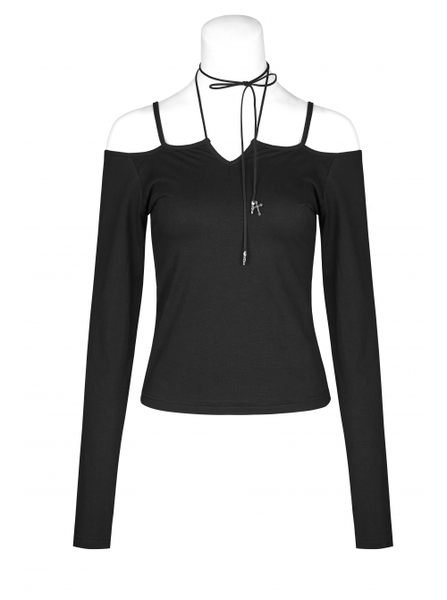Off-Shoulder Long Sleeve White Punk Halter Knit Tight T-Shirt