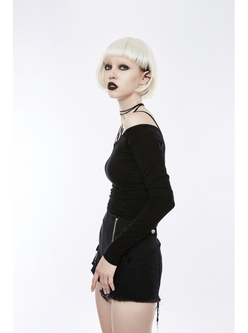 Off-Shoulder Long Sleeve White Punk Halter Knit Tight T-Shirt
