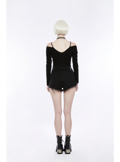 Off-Shoulder Long Sleeve White Punk Halter Knit Tight T-Shirt