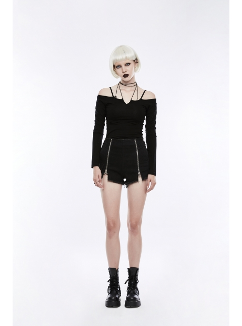 Off-Shoulder Long Sleeve White Punk Halter Knit Tight T-Shirt