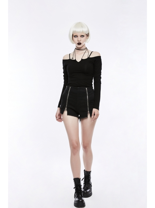 Off-Shoulder Long Sleeve White Punk Halter Knit Tight T-Shirt
