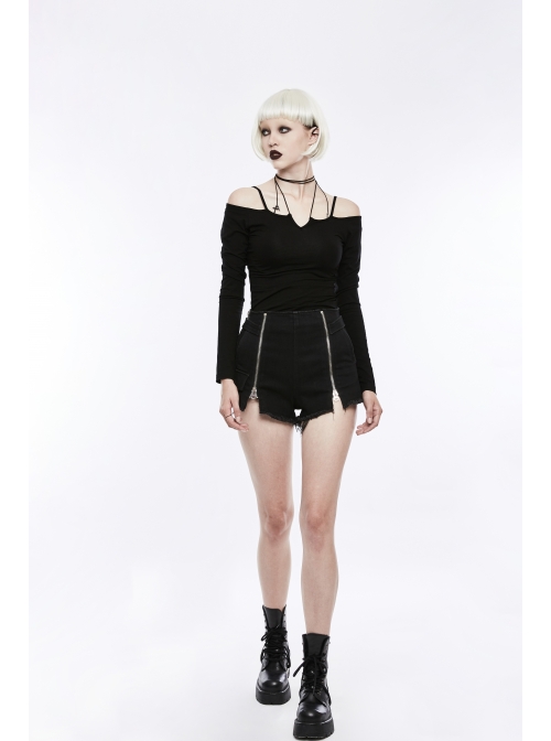 Off-Shoulder Long Sleeve White Punk Halter Knit Tight T-Shirt