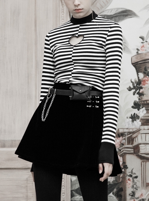 High Collar Front Chest Hollow-Out Long Sleeve White Striped Tight T-Shirt