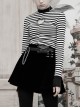 High Collar Front Chest Hollow-Out Long Sleeve White Striped Tight T-Shirt