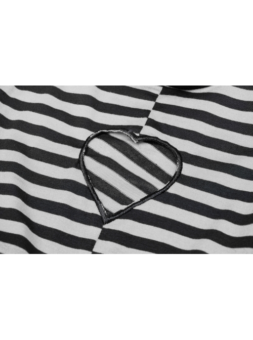 High Collar Front Chest Hollow-Out Long Sleeve White Striped Tight T-Shirt
