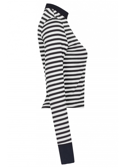 High Collar Front Chest Hollow-Out Long Sleeve White Striped Tight T-Shirt