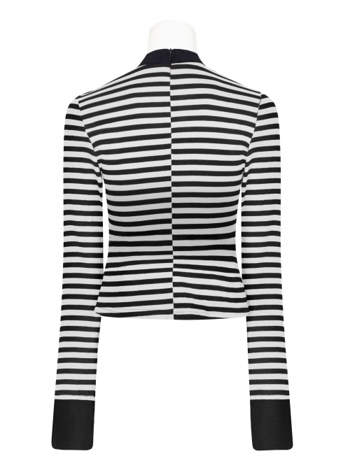High Collar Front Chest Hollow-Out Long Sleeve White Striped Tight T-Shirt