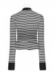 High Collar Front Chest Hollow-Out Long Sleeve White Striped Tight T-Shirt