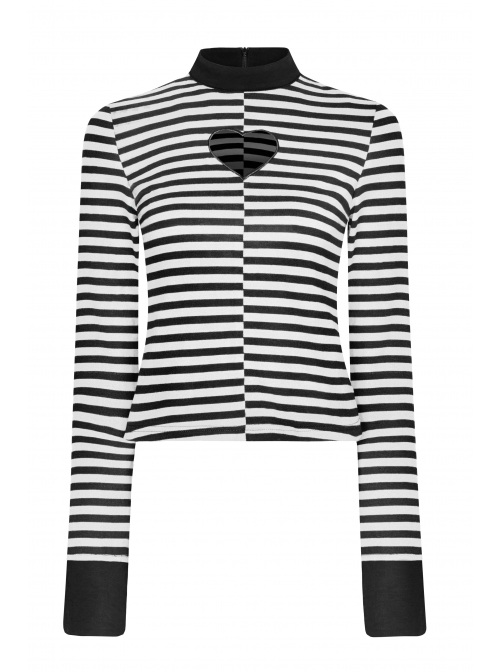 High Collar Front Chest Hollow-Out Long Sleeve White Striped Tight T-Shirt
