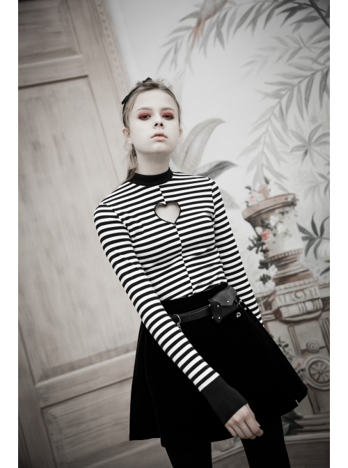 High Collar Front Chest Hollow-Out Long Sleeve White Striped Tight T-Shirt