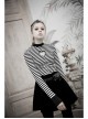 High Collar Front Chest Hollow-Out Long Sleeve White Striped Tight T-Shirt