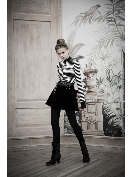 High Collar Front Chest Hollow-Out Long Sleeve White Striped Tight T-Shirt
