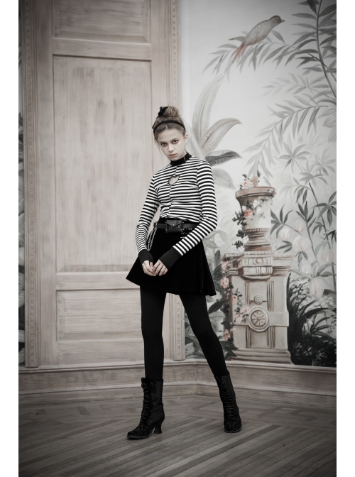 High Collar Front Chest Hollow-Out Long Sleeve White Striped Tight T-Shirt
